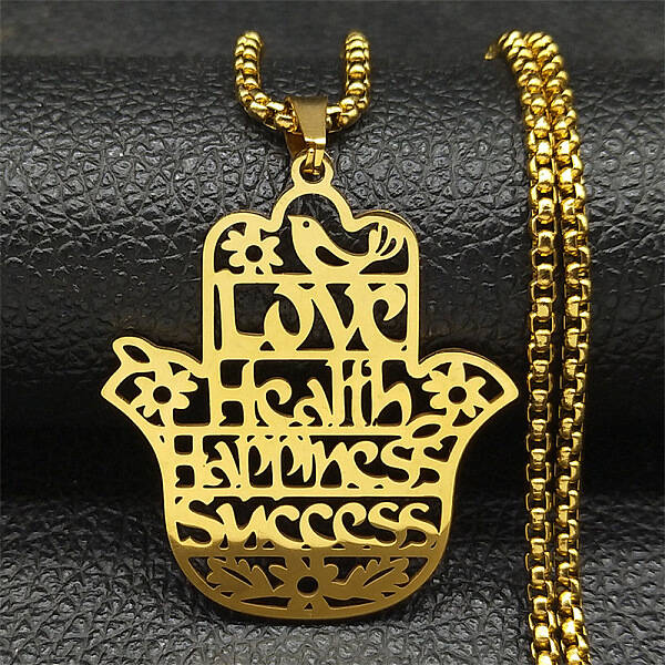 304 Stainless Steel Hollow Cut Hamsa Hand Pendant Necklaces