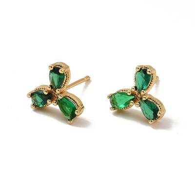 Emerald Rhinestone Leaf Stud Earrings
