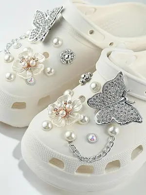 20pcs/set Women's Elegant Faux Pearls & Butterfly Shaped Rhinestone Clogs Decoration, Diy Shoes Decoration Accessories for Cl...