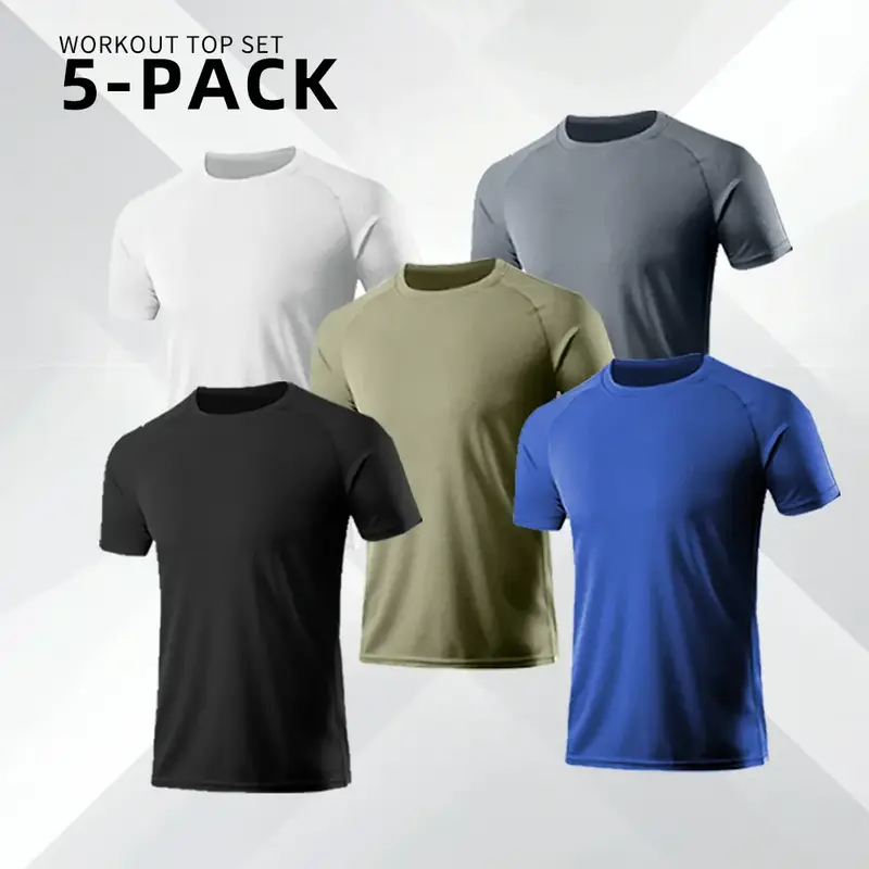 5 Pack Men's Summer Short-sleeved T-shirts, Spring Fashionable Crewneck Streetwear, Comfortable Quick-drying Breathable High ...