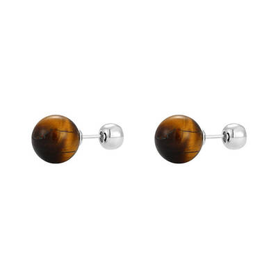 Natural Tiger Eye Round Ball Stud Earrings with Sterling Silver Pins for Women