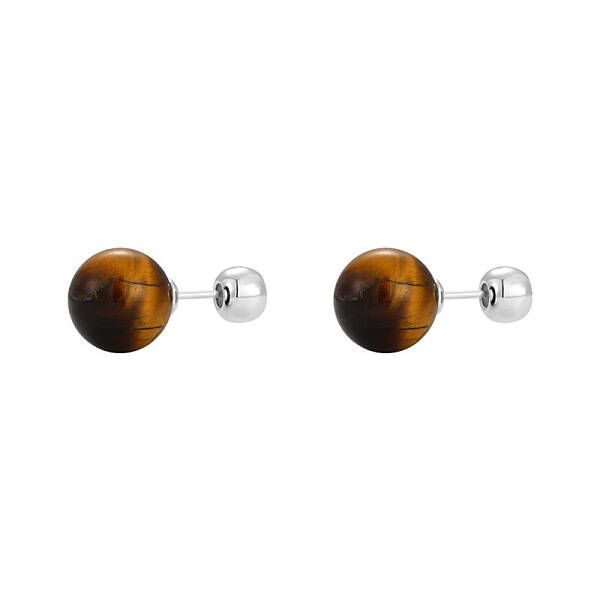 Natural Tiger Eye Round Ball Stud Earrings with Sterling Silver Pins for Women