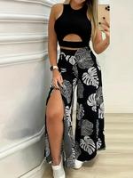 Women's Solid Crop Sleeveless Top & Leaf Print Wide Leg Pants Two-piece Set, Elegant Fashion Casual Chic Top & High Waist Tro...