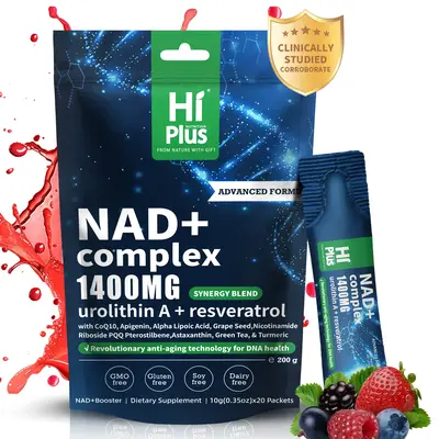 HiPlus NAD Supplement Berry Flavor Drink 1400 mg Urolithin a Extra Strength Liposomal, Green Tea + Astaxanthin for Women & Me...