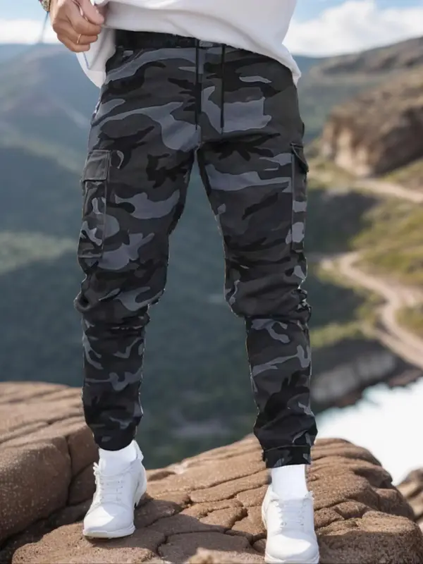 Men's All Over Camo Print Patched Drawstring Waist Cargo Pants, Regular Fit Casual Pocket Trousers for Spring & Fall, Fashion...