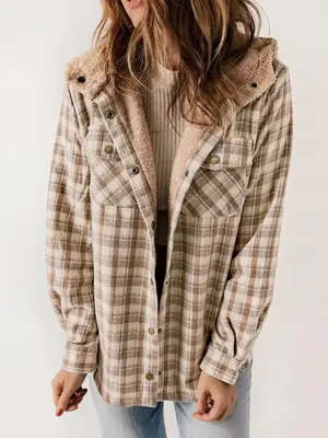 Women's Plaid Print Button Front Thermal Lined Hooded Coat, Casual Long Sleeve Pocket Outerwear for Winter, Ladies Clothes fo...