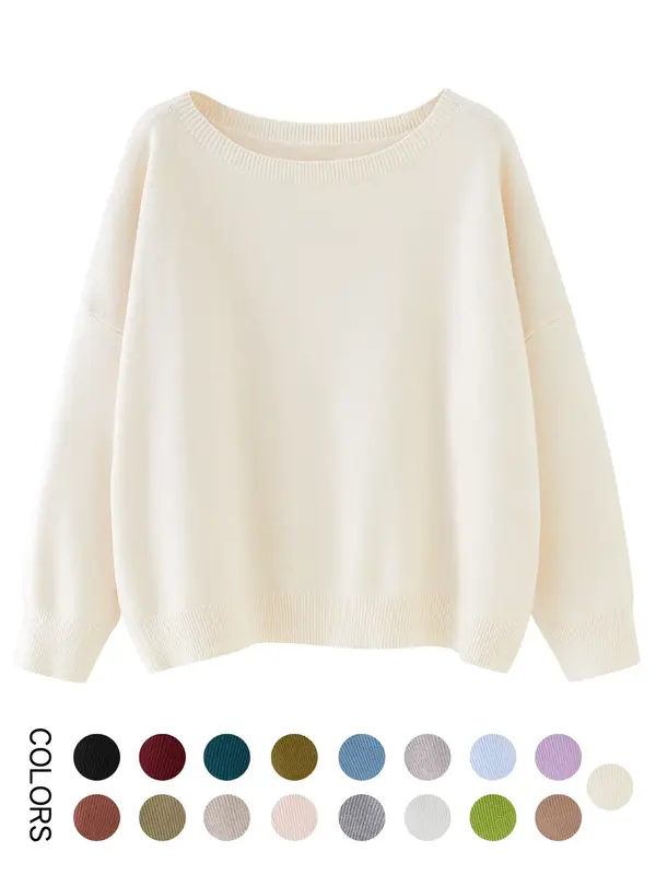 Women's Plain Scoop Neck Sweater, Casual Drop Shoulder Long Sleeve Jumper, Women Fall & Winter Knit Top