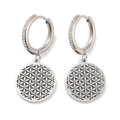 Hollow Flat Round with Flower 304 Stainless Steel Dangle Earrings