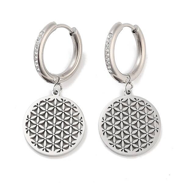 Hollow Flat Round with Flower 304 Stainless Steel Dangle Earrings