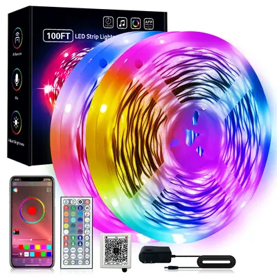 KEXU Happylighting 100FT LED Strip Lights with Remote & APP Music Sync Color Changing RGB Lights for Bedroom Home Decoration ...