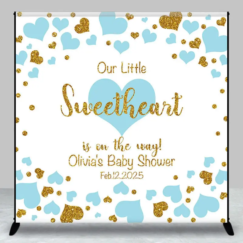 Blue Hearts Custom Name Baby Shower Backdrop For Boy - Aperturee