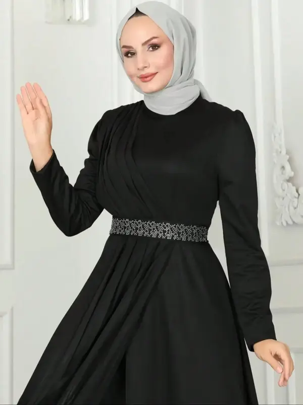 Elegant Women's Long Sleeve Round Neck Loose-Fit Dress, Plain Woven Fabric, All Season Fashion, Modest Style, Perfect for Cas...