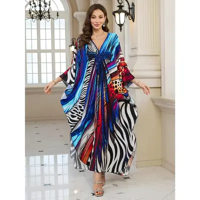 Vibrant Striped Kaftan Dress - Elegant Polyester Mid-Length Party Gown with Long Sleeves, Non-Sheer, Perfect for Fall Events ...