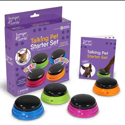 Brightkins Hunger for Words Talking Pet Starter Set - 4 Piece Set Recordable Buttons for Dogs, Talking Dog Buttons, Teach You...
