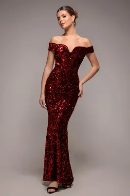 Goddiva Sequin Velvet Bardot Evening Maxi Dress - Red
