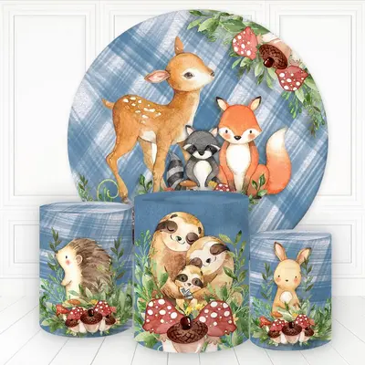 Aperturee Animals And Mushroon Blue Plaid Round Birthday Backdrop Kit | Round Backdrop Stand Covers | Round Party Backdrop | ...