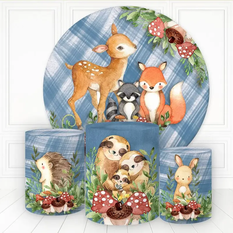 Aperturee Animals And Mushroon Blue Plaid Round Birthday Backdrop Kit | Round Backdrop Stand Covers | Round Party Backdrop | ...