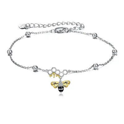 Sterling Silver Two-tone Cubic Zirconia Bee Single Layer Anklet