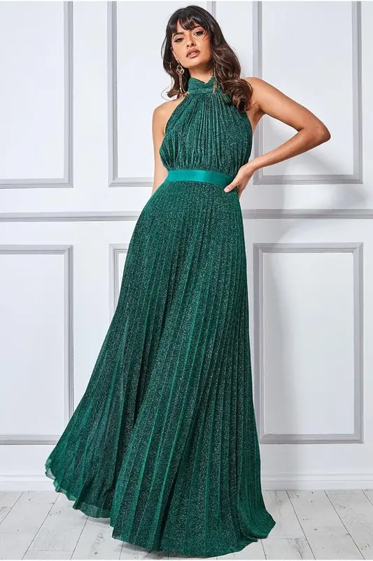 Goddiva Lurex Halterneck Pleated Maxi Dress - Emerald