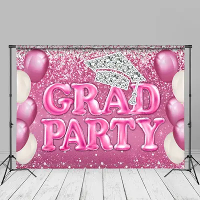 Pink Balloons Diamonds Grad Party Photo Backdrop - Aperturee