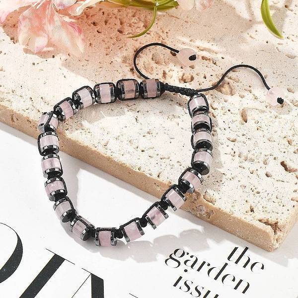 Adjustable Natural Rose Quartz and Non-magnetic Synthetic Hematite Braided Bead Bracelets
