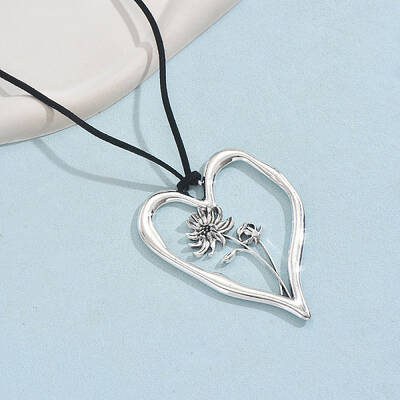 Birth Flower Heart Zinc Alloy Pendant Black Faux Suede Cord Necklaces for Women