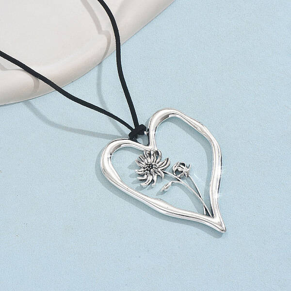 Birth Flower Heart Zinc Alloy Pendant Black Faux Suede Cord Necklaces for Women