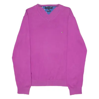 TOMMY HILFIGER Mens Jumper Pink V-Neck Tight Knit L