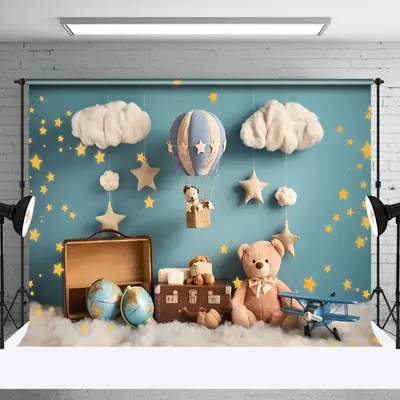 Aperturee Blue Wall Star Cloud Travel Bear Cake Smash Backdrop, 3X2FT(1MX0.6M), 14 USD, birthday cake smash backdrops, NYHD2I...