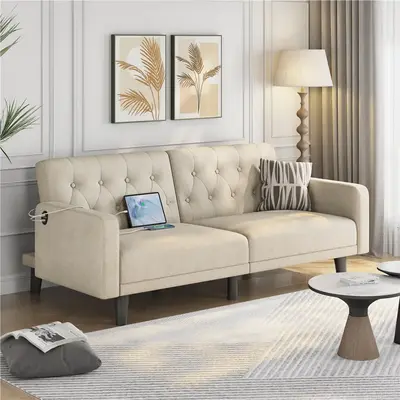 Yaheetech 63in Convertible Futon Sofa Bed Couch Split-back Sleeper w/ USB Ports for Living Room, Guest Room, Apartments, Gues...