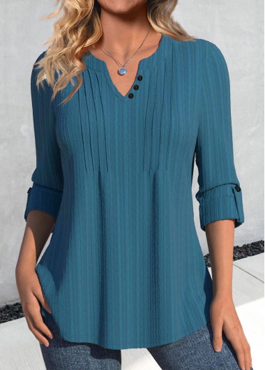 Modlily Peacock Blue Tuck Stitch Long Sleeve Split Neck Blouse - XXL