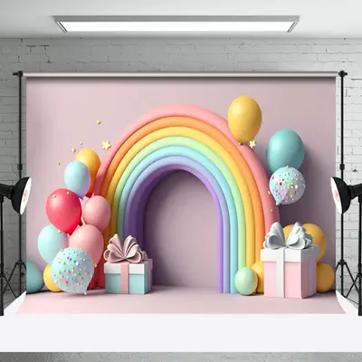 Pink Rainbow Gifts Balloon Girl Cake Smash Backdrop - Aperturee