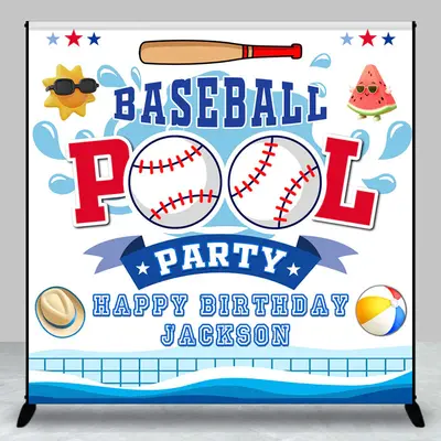 Custom Summer Baseball Pool Birthday Party Backdrop