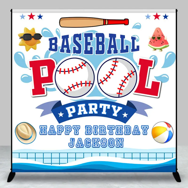 Custom Summer Baseball Pool Birthday Party Backdrop