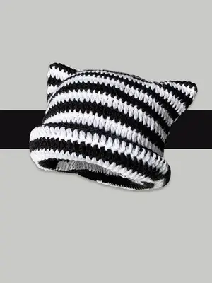 Cat Ear Design Knitted Beanies, Casual Colorful Striped Pattern Chunky Knit Beanie Hat For Women & Men, Fashion Accessories F...