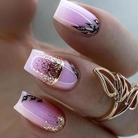 Glitter Square Fake Nail, 24pcs Leaf Pattern Press on Nail with & 1 Sheet Tape & 1 Count File, Removable Nail Art Artificial ...