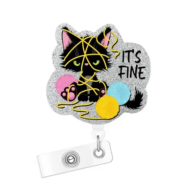 Cartoon Cat Pattern Retractable ID Badge Holder, Acrylic Glitter Retractable Badge Reel, Name Badge Holder for Nurse Doctor S...