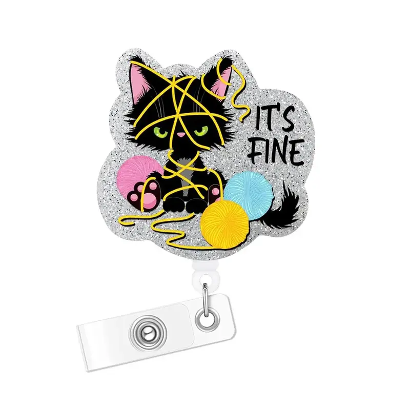 Cartoon Cat Pattern Retractable ID Badge Holder, Acrylic Glitter Retractable Badge Reel, Name Badge Holder for Nurse Doctor S...