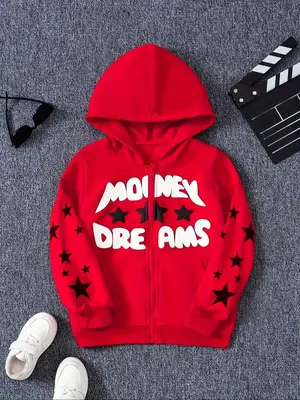 Boy's Letter Print Zip Up Hooded Sweatshirt, Casual Long Sleeve Hoodie for Spring & Fall, Kids Clothes for Daily Wear