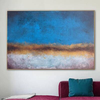 Original Abstract Landscape Paintings on Canvas Textured Minimalist Paintings In Blue, Beige And Gold Colors Oil Painting | D...