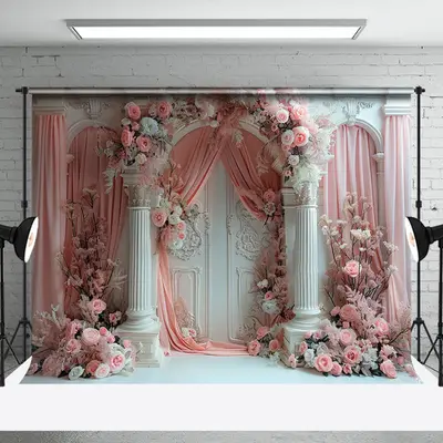Pink Curtain Floral Luxury White Retro Wall Backdrop
