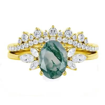Sterling Silver with Yellow Gold Plated Oval Moss Agate With Moissanite Ring