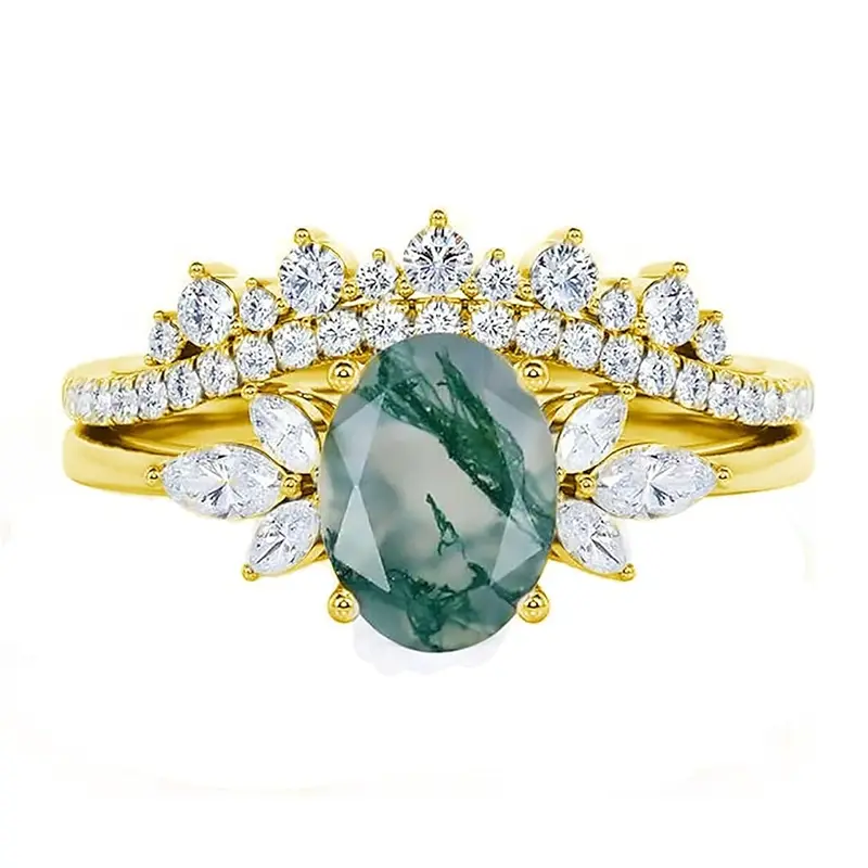 Sterling Silver with Yellow Gold Plated Oval Moss Agate With Moissanite Ring