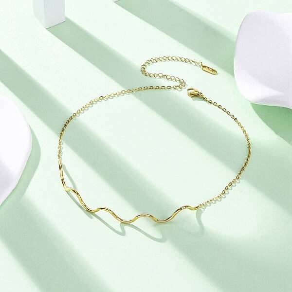 304 Stainless Steel Wave Shape Link Chain Necklaces for Women