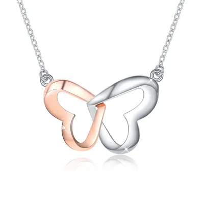 Sterling Silver Two-tone Butterfly & Heart Pendant Necklace