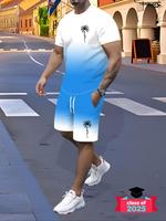 Men's Regular Fit Palm Tree Tropical Print Shortsleeve Tee & Shorts Set, Casual Round Neck T-shirt & Shorts, Summer Outfits C...