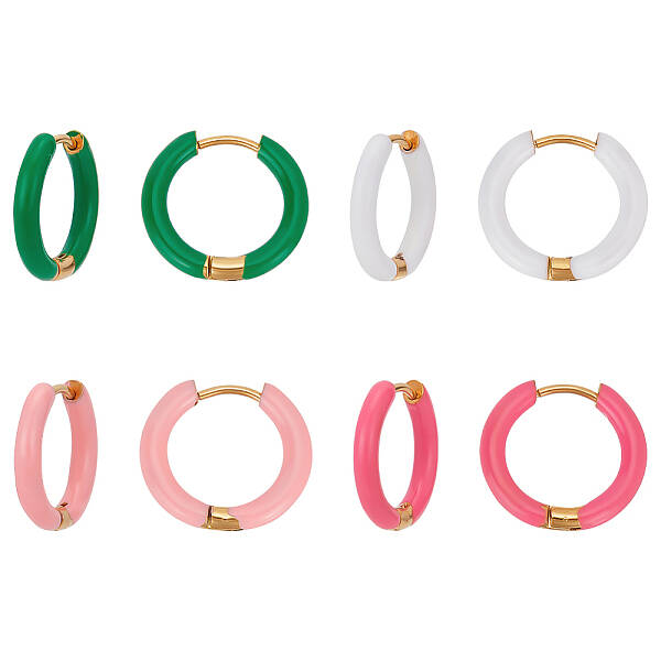 4 Pairs 4 Color Real 18K Gold Plated 304 Stainless Steel Huggie Hoop Earrings with Enamel