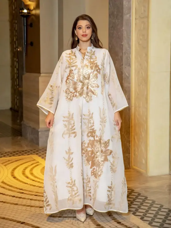 Arabic Clothing-Floral Print Notched Neck Kimono Sleeve Kaftan, Elegant Long Sleeve Long Dress for Women, Women's Islamic Clo...