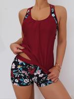 Two-Piece Set Women's Ruched Sleeveless Tankini Set, Boho Casual Floral Print Swim Top & High Waist Swim Shorts, Ladies Summe...