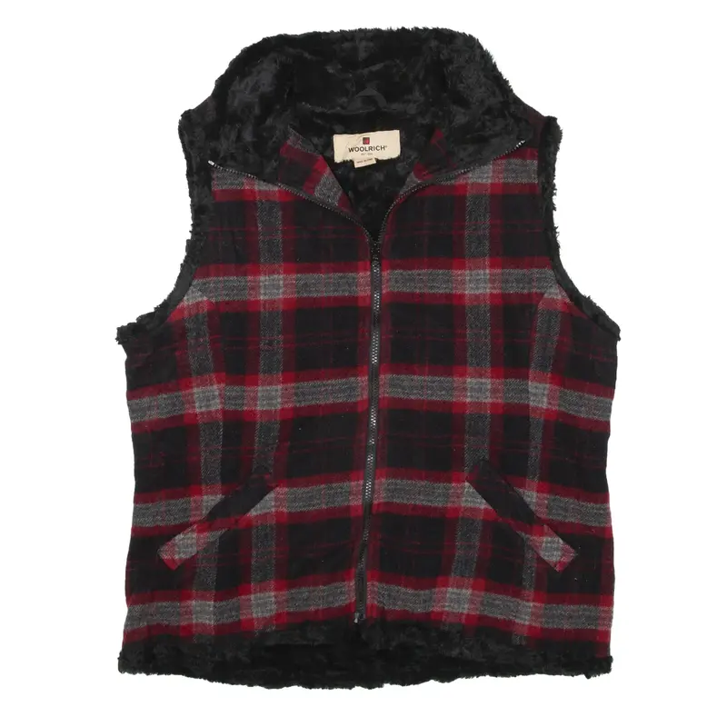WOOLRICH Fleece Lined Knit Gilet Red Wool Check Womens L